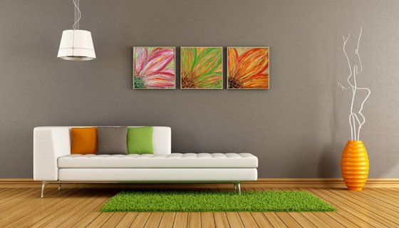 ABSTRACT FLOWERS: PINK, GREEN AND ORANGE | TRIPTYCH | FRAMED