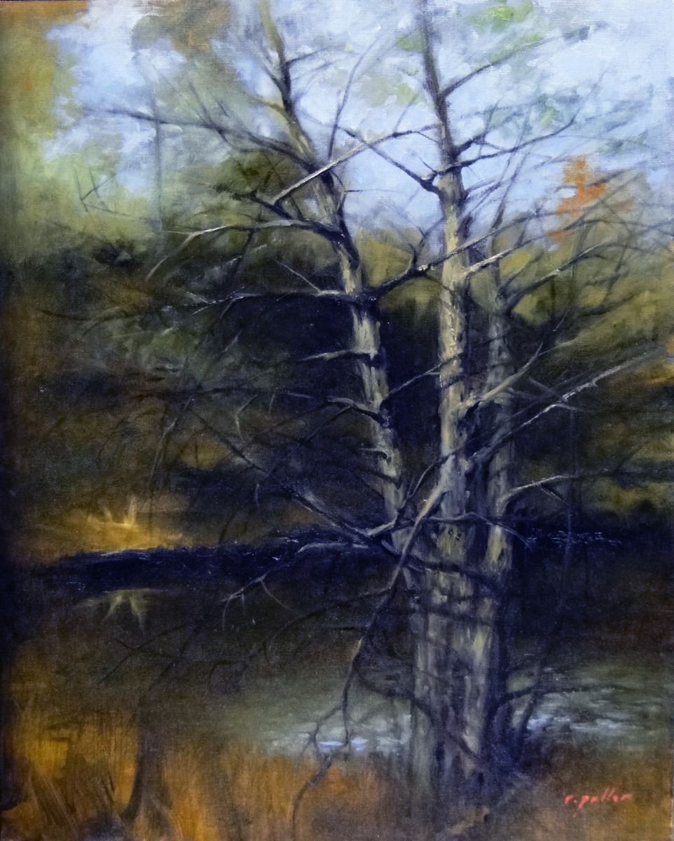 Impressionistic Landscape Oil Painting By Rick Paller, 16 X 20", Last Light On The River, Original Artwork