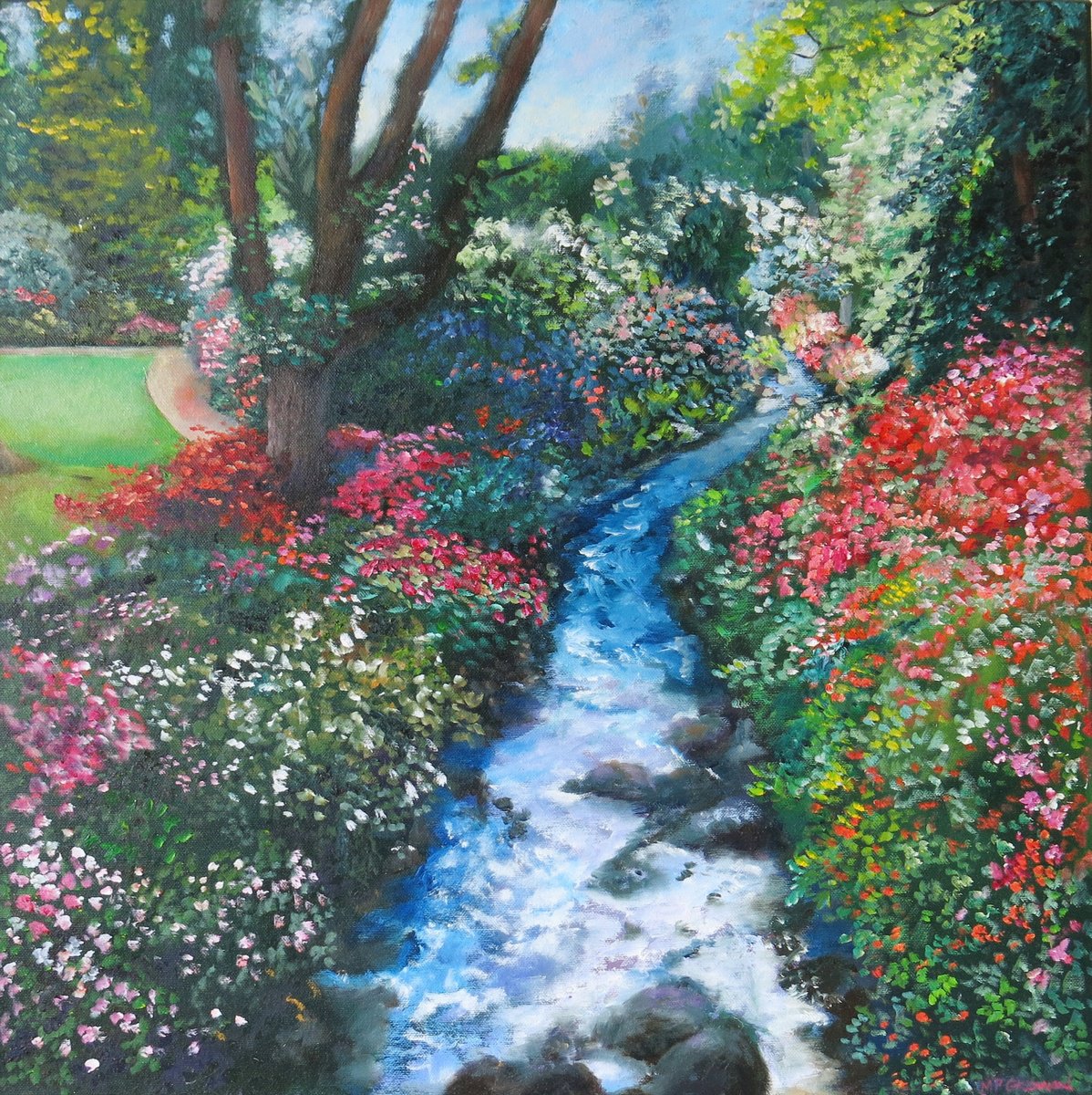 Impressionistic Landscape Oil Painting By Maureen Greenwood, 20 X 20", Bodnant Gardens, Wales, Original Artwork