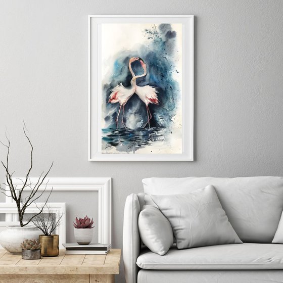 Flamingos couple Original Watercolor painting