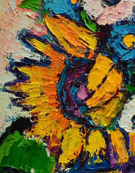 ABSTRACT FLORAL - SUNFLOWERS AND COLORFUL POPPIES IN STRIPED VASE