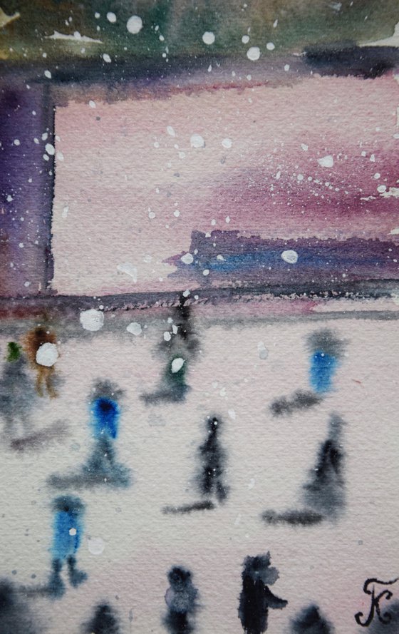 Winter New York watercolor painting, New Year Rockefeller Center, original abstract cityscape, snowy Manhattan