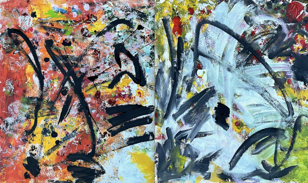 Expressive Abstract Acrylic Painting By Christel Haag, 27 X 16, The Balance Of Nature (Diptych), Original Artwork