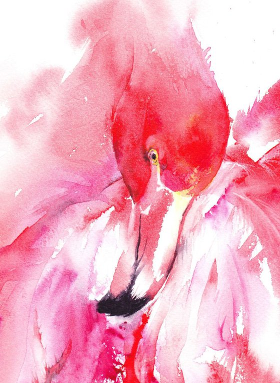 Flamingo Flurry - Watercolour painting of a Flamingo