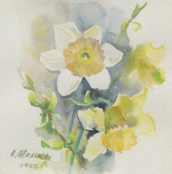 Willow Sunday. Spring flower sketch / ORIGINAL watercolor Daffodils and willow branches Small picture Gift art