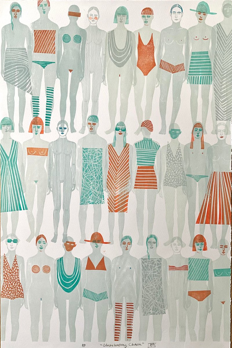 Portrait Linocut By Alison Headley, 15 X 22, Unrelenting Chain, Original Artwork