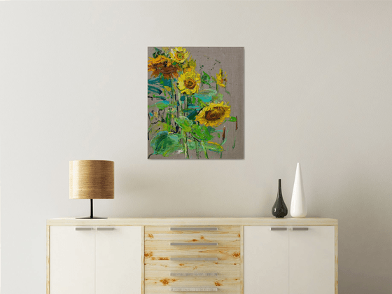 Sunflowers . 60x70 cm. Large Sunny painting "a la prima" on linen canvas