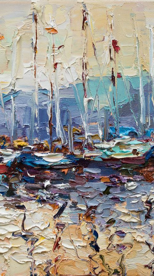 Sailing yachts in marina  Original seascape painting by Anastasiia Valiulina