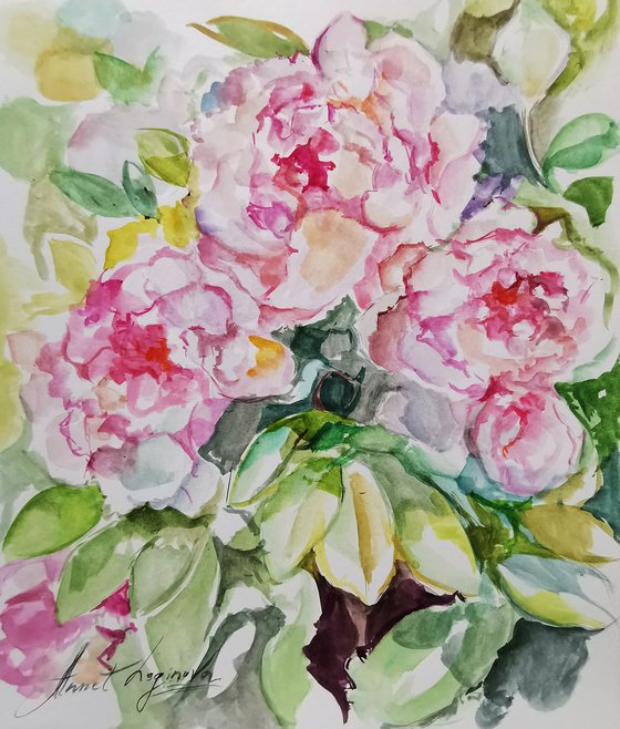 Peonies drawing on paper, Flower painting