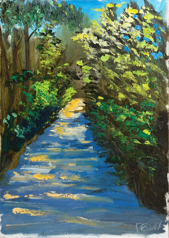 Green trail on a sunny morning, Plein Air painting