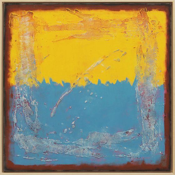 Once in Yellow & Blue Square - Ronald Hunter - Abstract Painting - Incl Frame - 34A