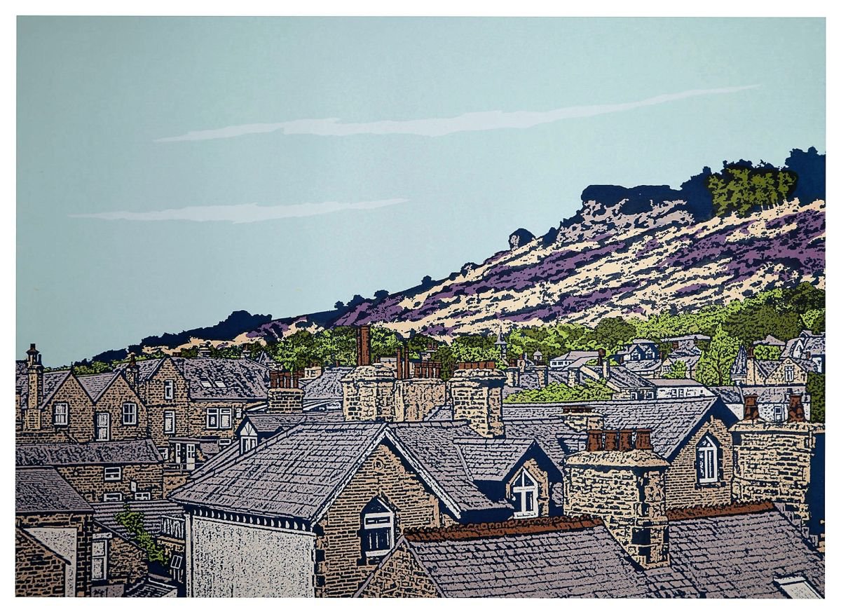 Ilkley rooftops to Cow and Calf - ( Lavender) by Talia Russell