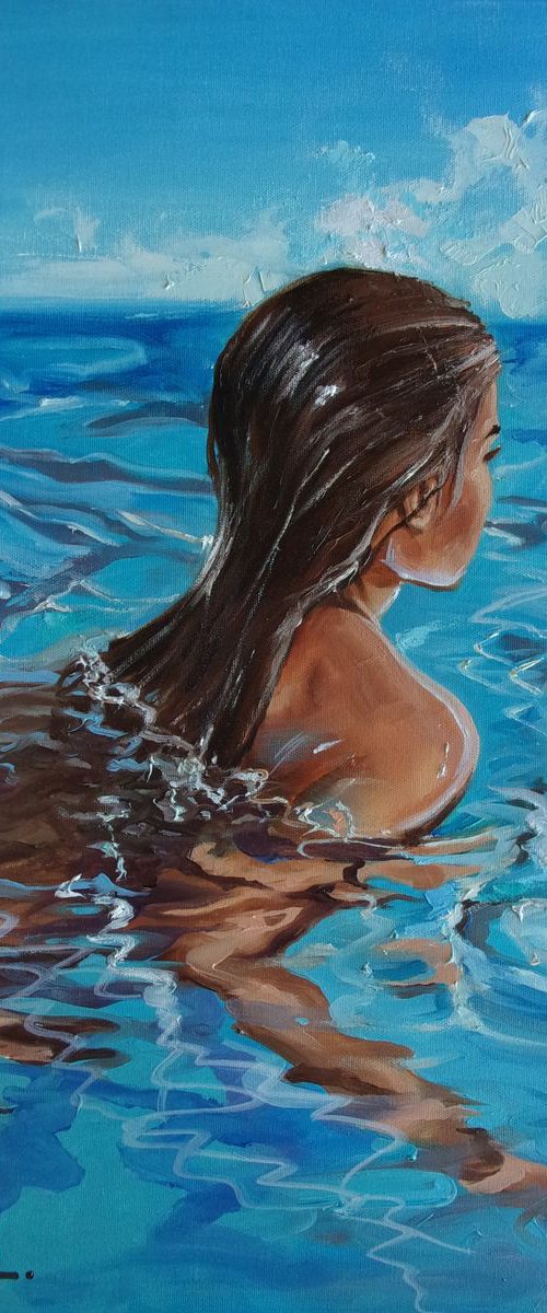 " SWIMMING IN BLUE " 50 x 70 cm SWIMMING POOL original painting  PARADISE GIFT MODERN URBAN ART OFFICE ART DECOR HOME DECOR GIFT IDEA by Monika Luniak