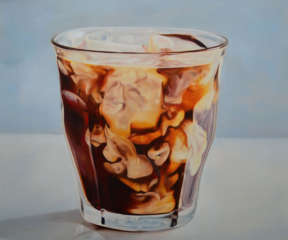 Photorealistic Still Life Oil Painting By Cene Gal Istvan, 24 X 20, Morning Coffee With Cream, Original Artwork