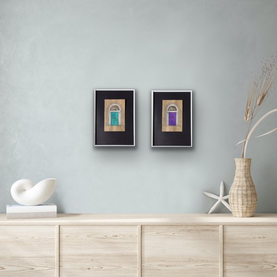 Violet and turquoise doors - Set of 2 architecture mixed media drawings in frames