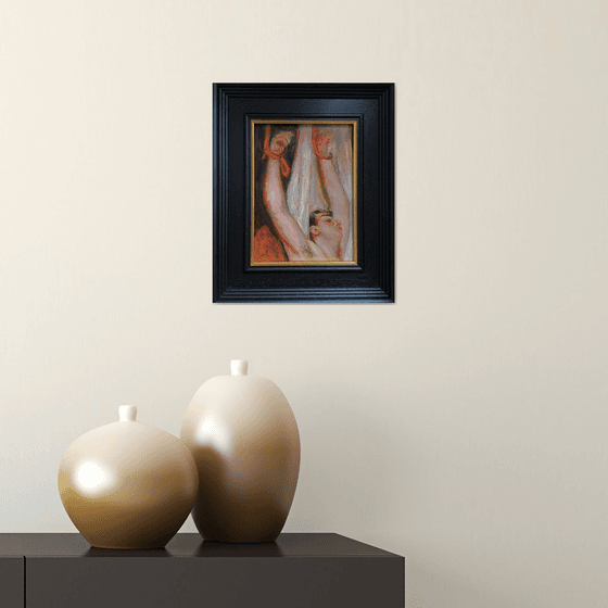 Old Master style male nude figure oil painting, with wooden frame.