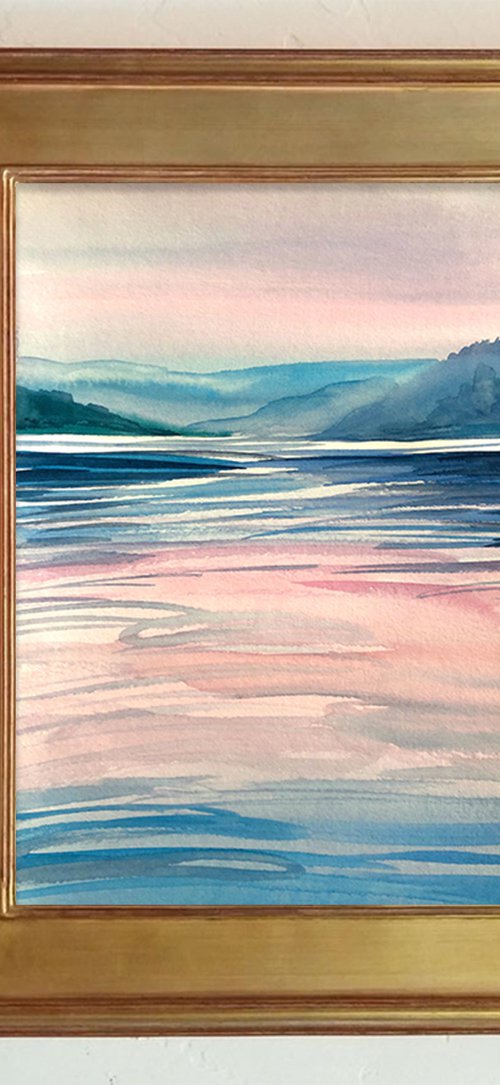 PINK SUNRISE ON WATER, Original Impressionist Vertical Landscape Watercolor Painting by Nastia Fortune