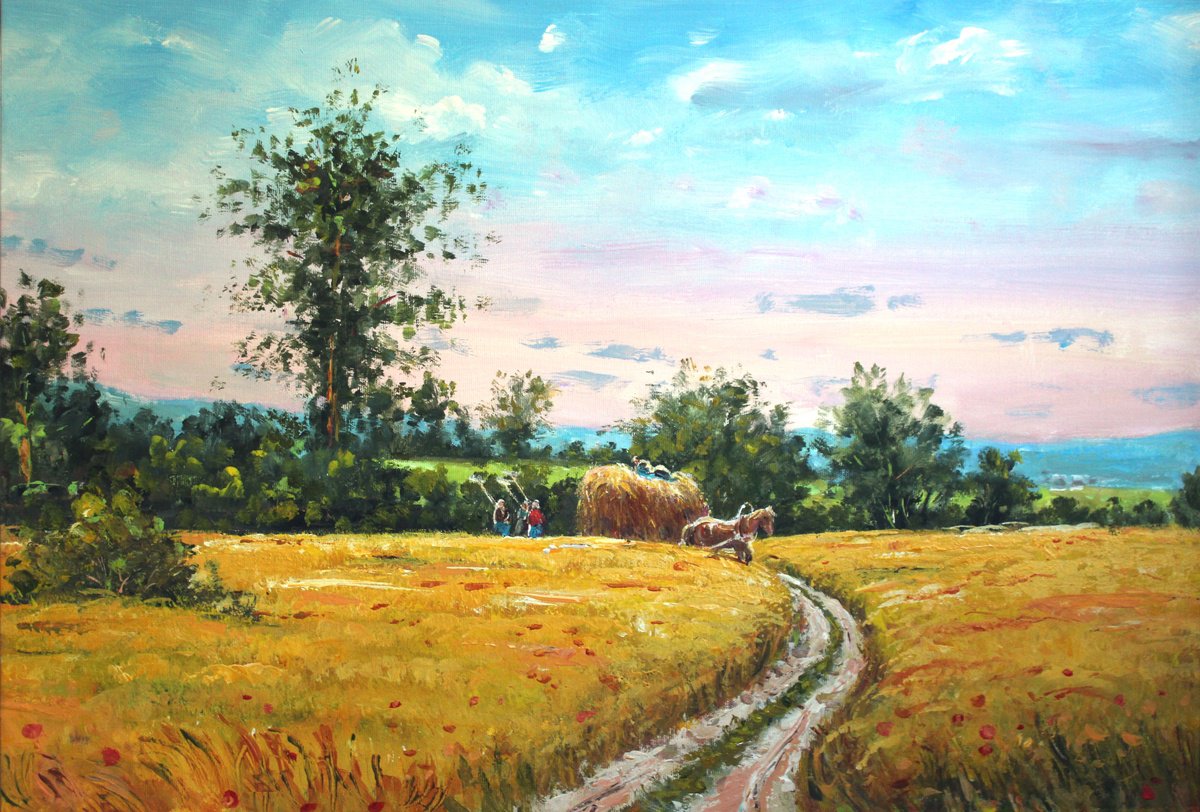 Impressionistic Landscape Acrylic Painting By Mir-Jan, 27 X 19", Wheat Field (Summer), Original Artwork