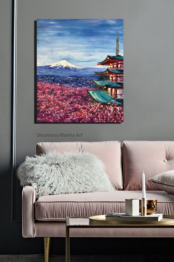 FUJIYAMA - Mountain. Japan. Temple. Culture. History. Sakura. Blooming gardens. Rosewood. Spring. Sky.