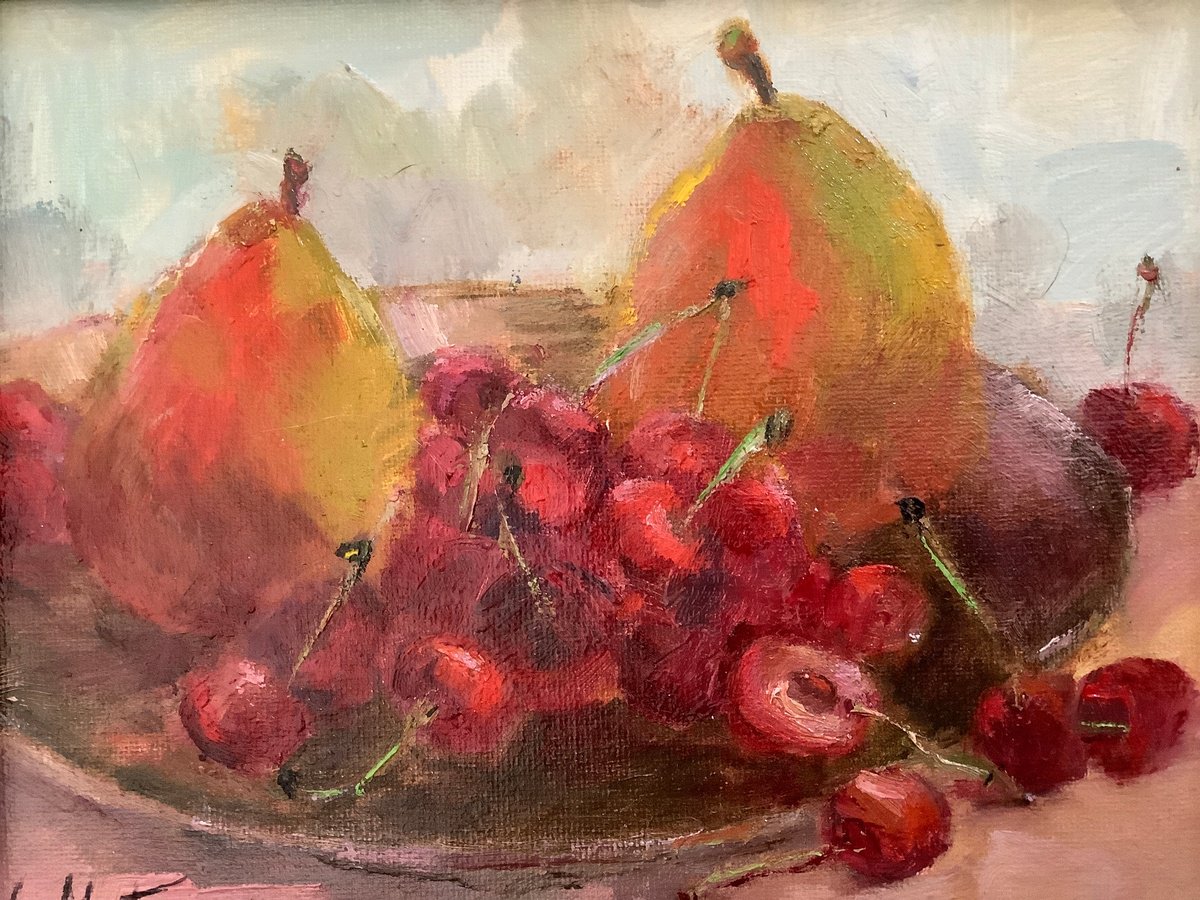Impressionistic Still Life Oil Painting By Lia Matevosyan Haselton, 13 X 11", Cherries Jubilee, Original Artwork