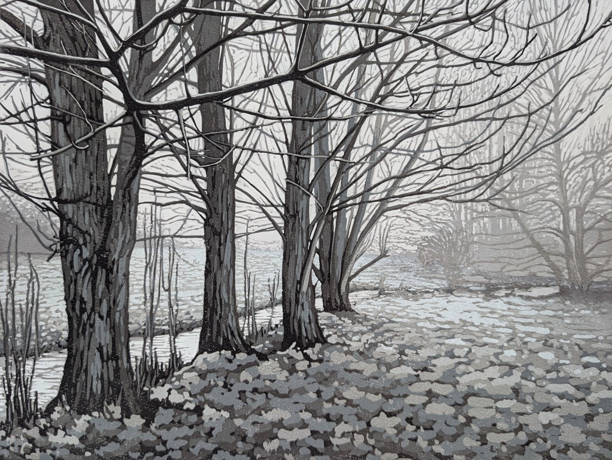 Impressionistic Linocut , Wintry Trees By Alexandra Buckle, 18 X 14, Artwork For Sale On Artfinder