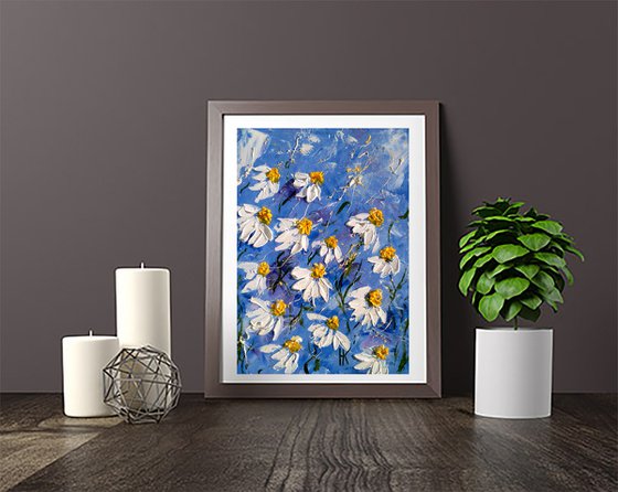 Daisy Painting Floral Original Art Flowers Oil Impasto Pallete Knife Painting Small Home Wall Art 6 by 8" by Halyna Kirichenko