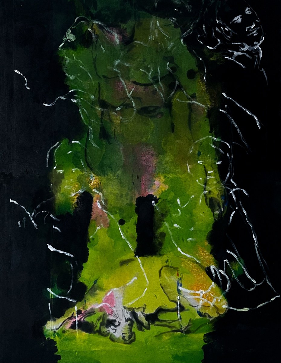 Abstract Painting By Gela Mikava, 28 X 35, Black Abstract Game, Original Artwork