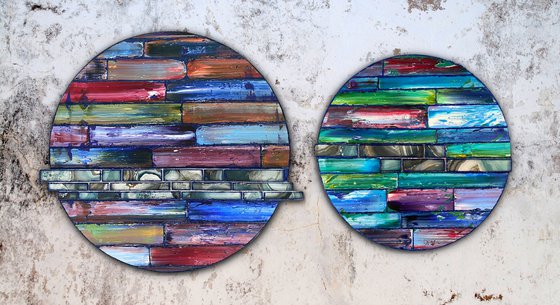 "I Wanna Be Like You" - Original PMS Assemblage Sculptural Painting Diptych On Wood and Marbled Glass Backsplash Tile - 44 x 24 inches