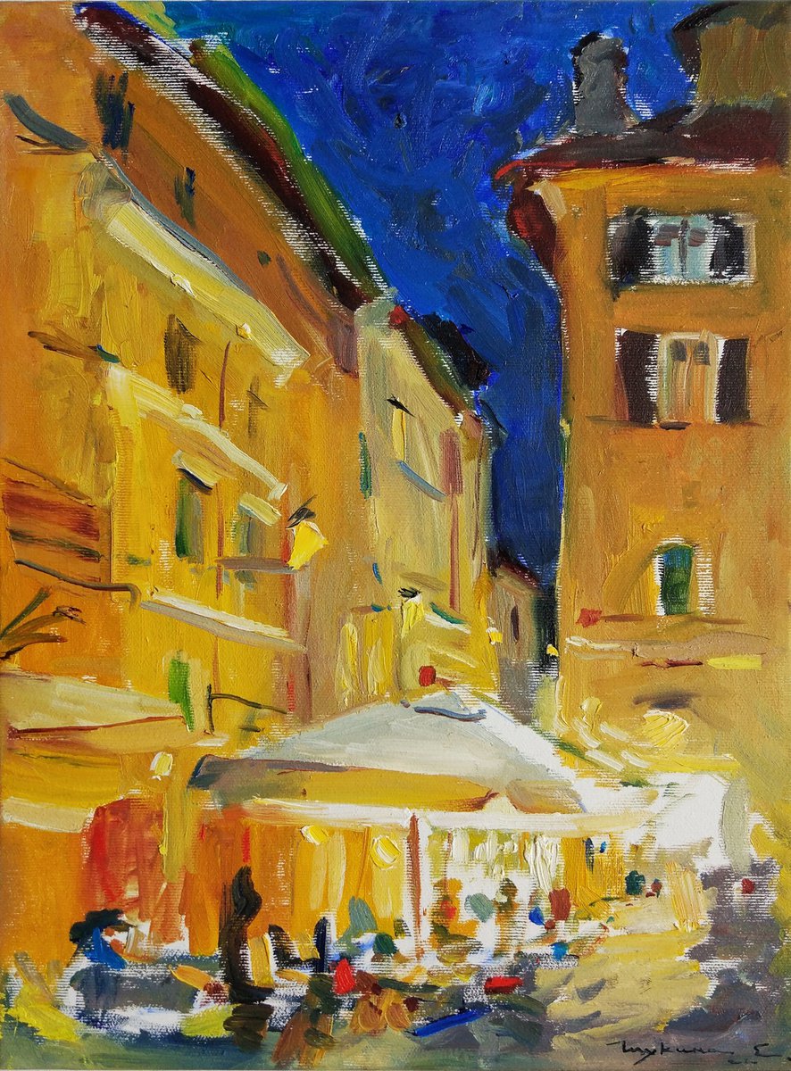 Evening cafe Streets of Rome Italian holiday series. Original plein air oil painting . by Helen Shukina