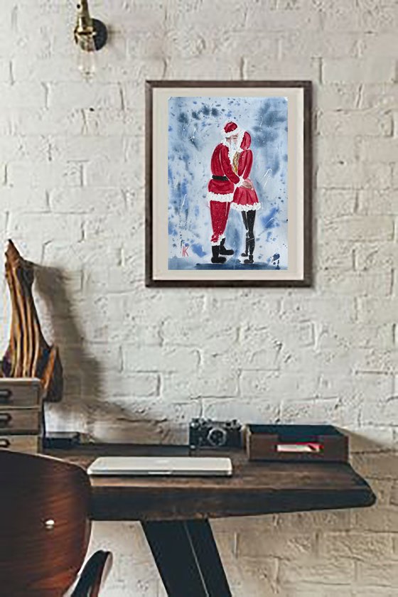 Santa Claus Painting Christmas Original Art Father Christmas Watercolor Love Story Artwork Girl Wall Art 8 by 12" by Halyna Kirichenko