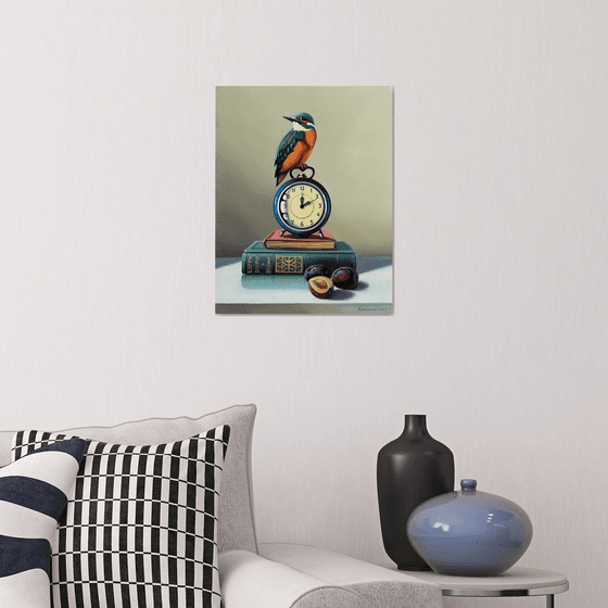 Still life with bird, clock and books