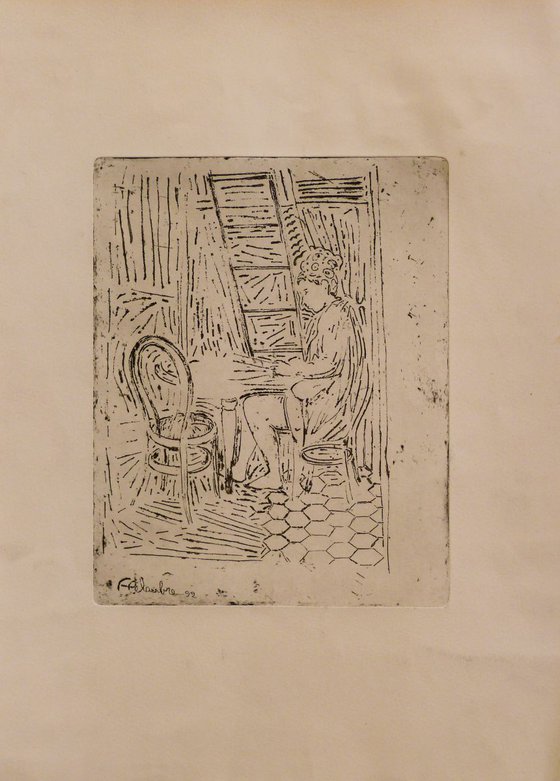 Agatha in the kitchen 1, engraving from copper plate 31x43 cm