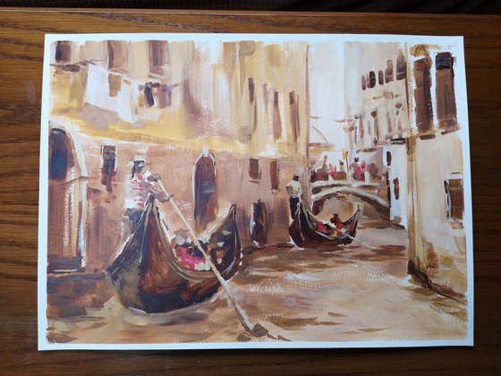 "Gondoliers" (acrylic on paper painting) (11x15×0.1'')