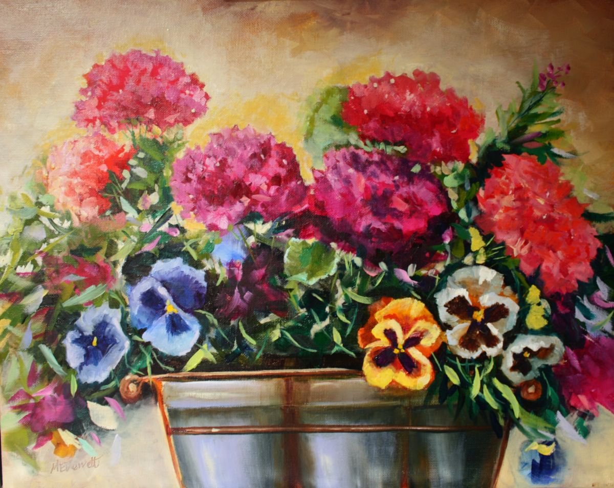 Pansies and Geraniums by Marion Derrett