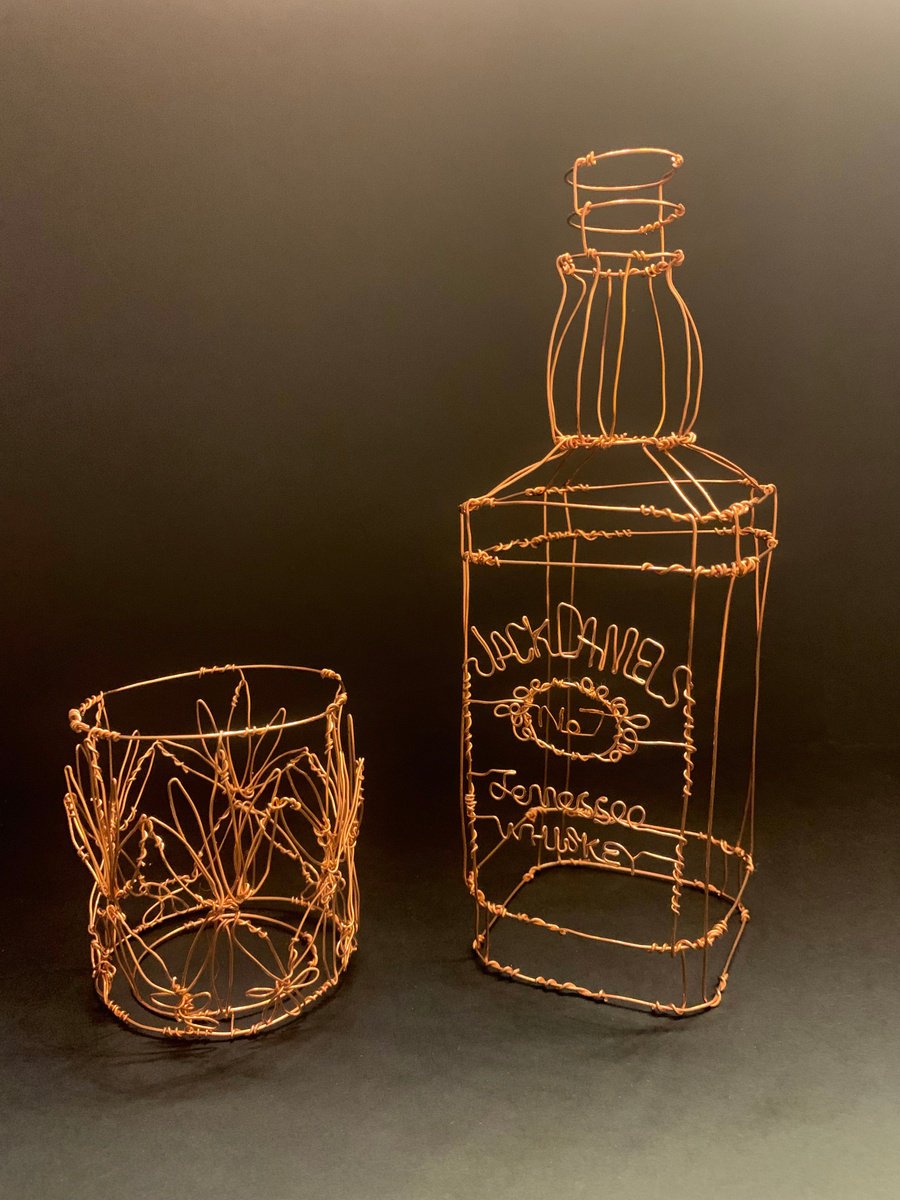 Illustrative Still Life Sculpture By Jane Tilley, 3 X 9, Jack Daniels Wire Sculpture, Original Artwork