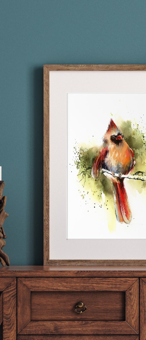 Northern Cardinal Female Bird Watercolor Painting by Sophie Rodionov
