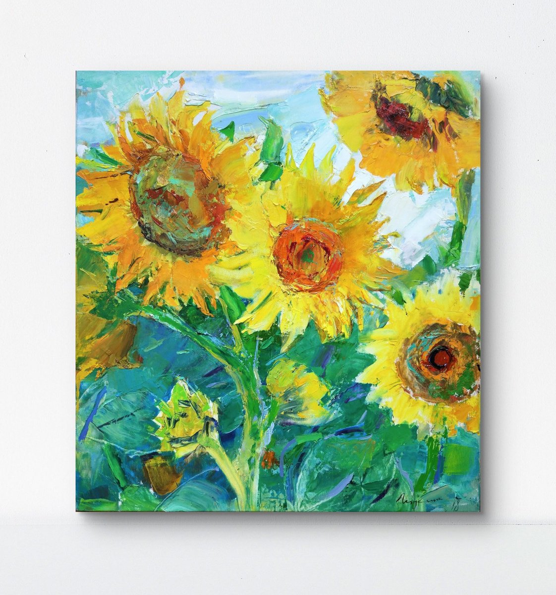 Impressionistic Botanical Oil Painting By Helen Shukina, 17 X 19, Sunflowers. Yellow And Green, Original Artwork