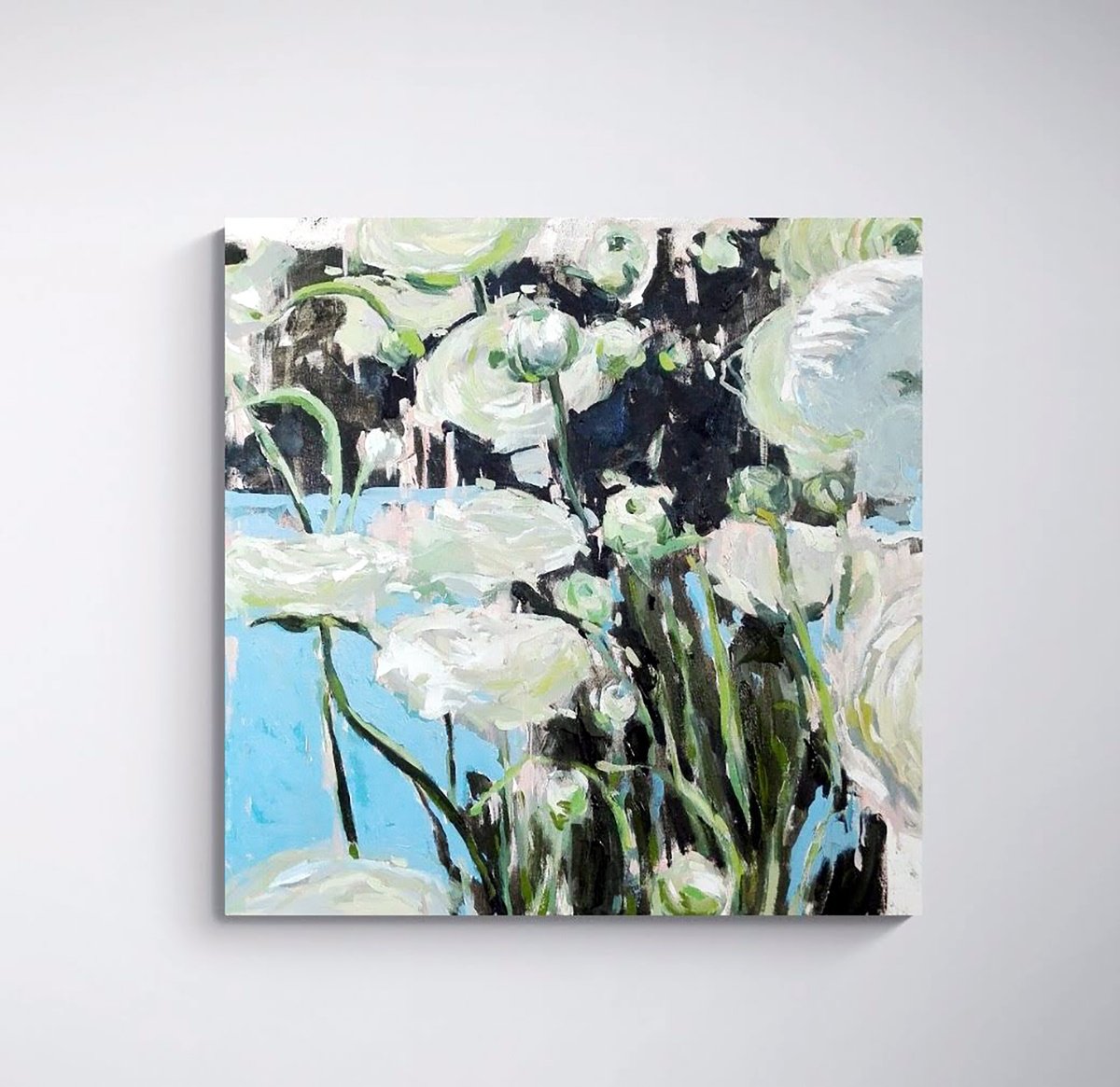 Expressive Botanical Oil Painting By Cinzia Busto, 16 X 16, Ranuncoli Su Fondo Azzurro - Buttercups On A Blue Background, Artfinder