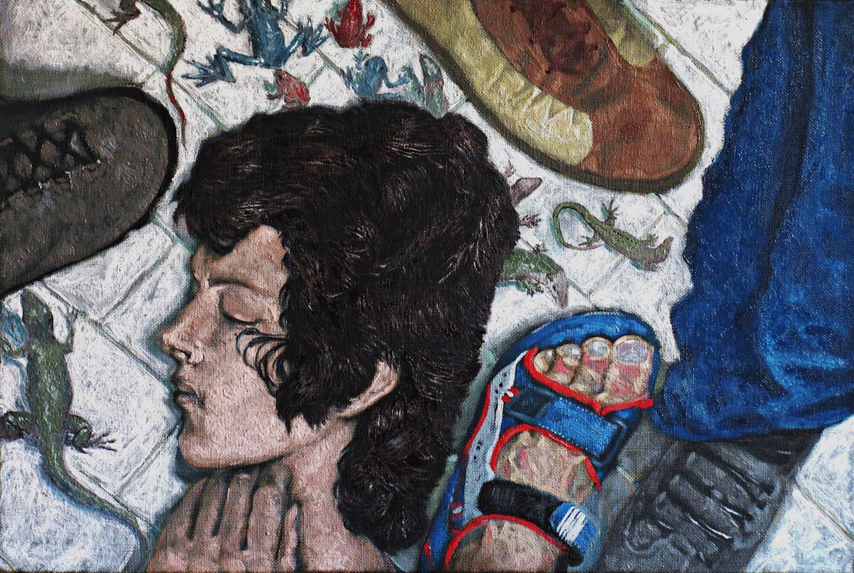 Portrait Oil Painting By Antonio Mele, 31 X 21, Sleeping On The Sidewalk., Original Artwork