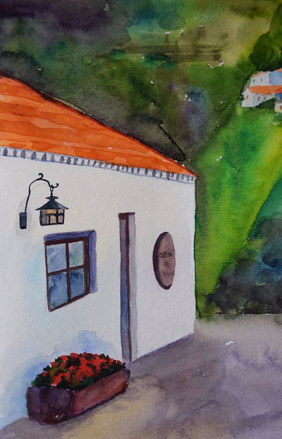 Spanish watercolor painting Cozy cafe in mountain village Masca on Canary Islands