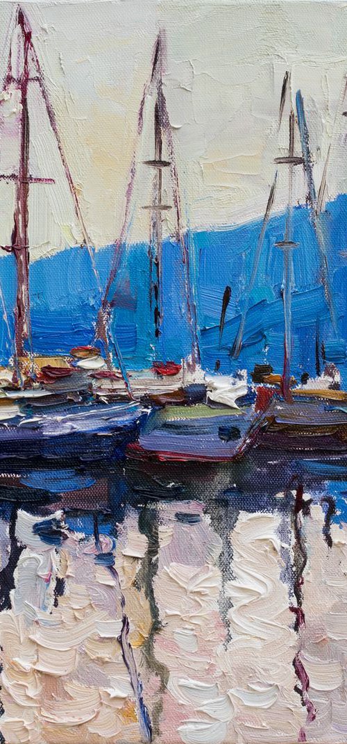 Sailing yachts moored at the pier - Original oil seascape painting by Anastasiia Valiulina
