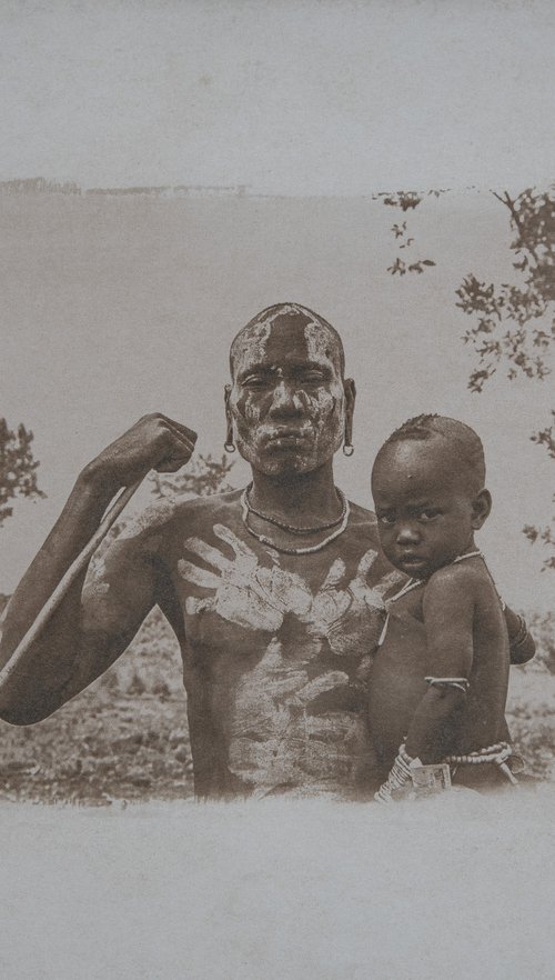 Parenthood, Cyanotype Print, Ethiopian Man with Son, Tea Toned, African tribal body painting, wall Art Photography by MINDIA MIDELASHVILI