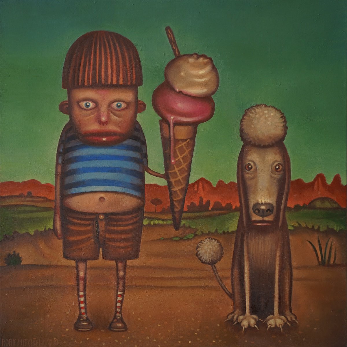 Naive Portrait Oil Painting By Rory Mitchell, 20 X 20", A Boy And His Best Friend. And His Dog., Original Artwork