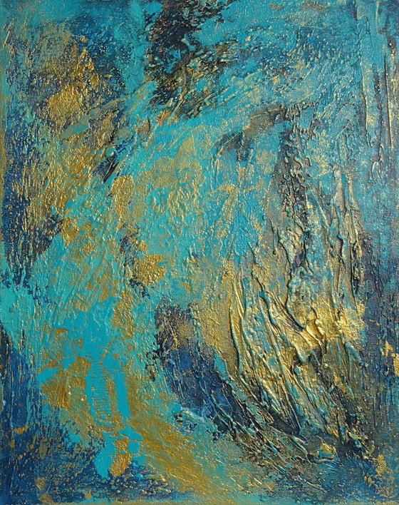 Blue and Gold Abstract Modern Art. Textured Gold Painting on Canvas with Structures. Dyptych