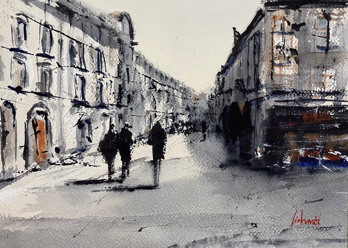 Impressionistic Cityscapes Watercolour By Tihomir Cirkvencic, 14 X 10", Leuven Street Scene, Original Artwork