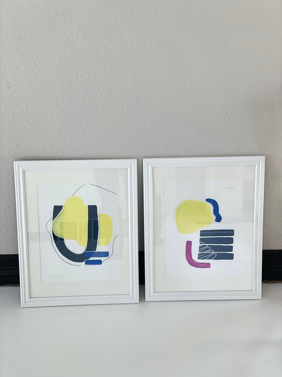 EVOLVING LANGUAGE Blue & Yellow - framed - 2 painting ready to hang
