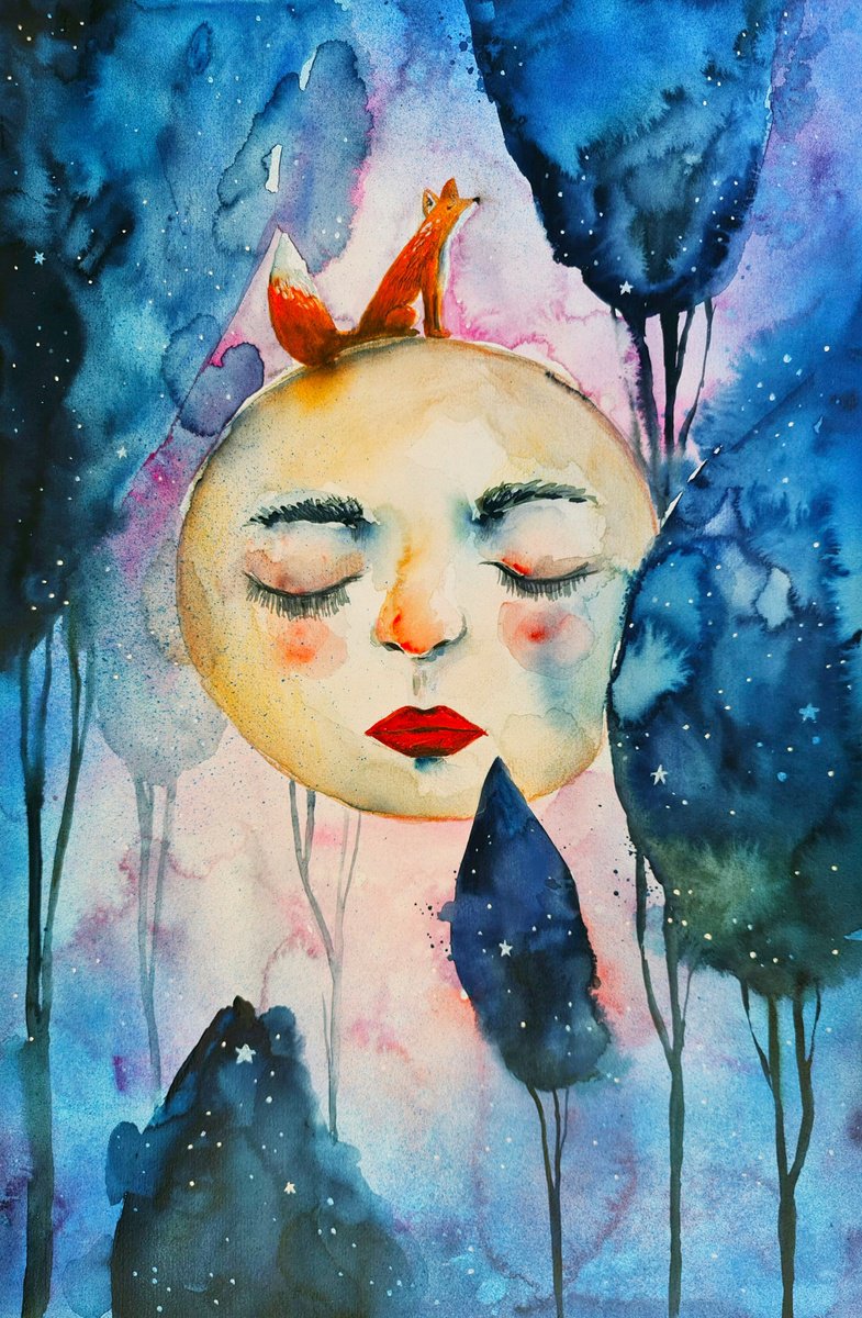 Surrealistic Landscape Watercolour By Evgenia Smirnova, 15 X 22, Midnight Reverie, Original Artwork