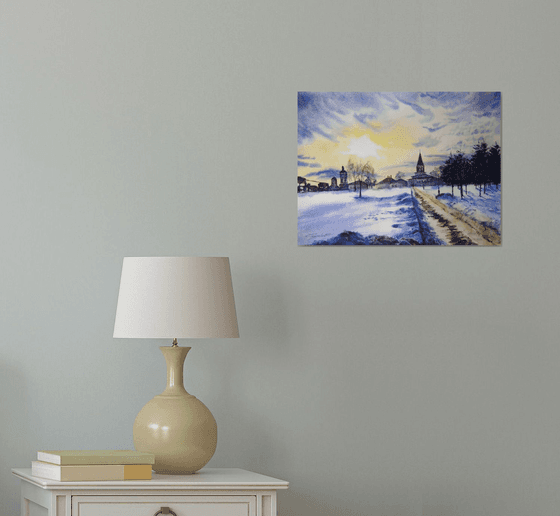 Winter landscape watercolor original painting