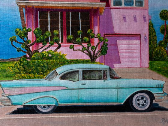 PINK AND TURQUISE by Vera Melnyk (Vintage California Vibes: Pink House, Turquoise Buick, Palm Trees - Ideal for Art Collectors)