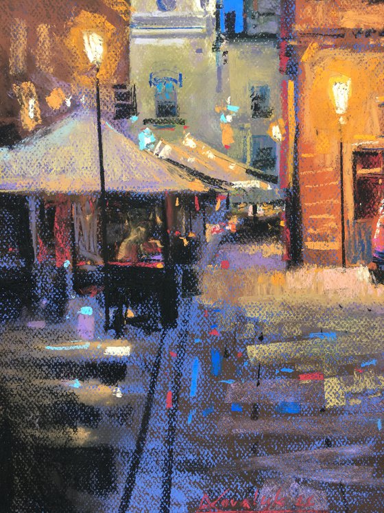 Night lights Ukrainian city of Lviv. Soft pastel drawing 25.5х12.7 inch (65x32.5 cm)